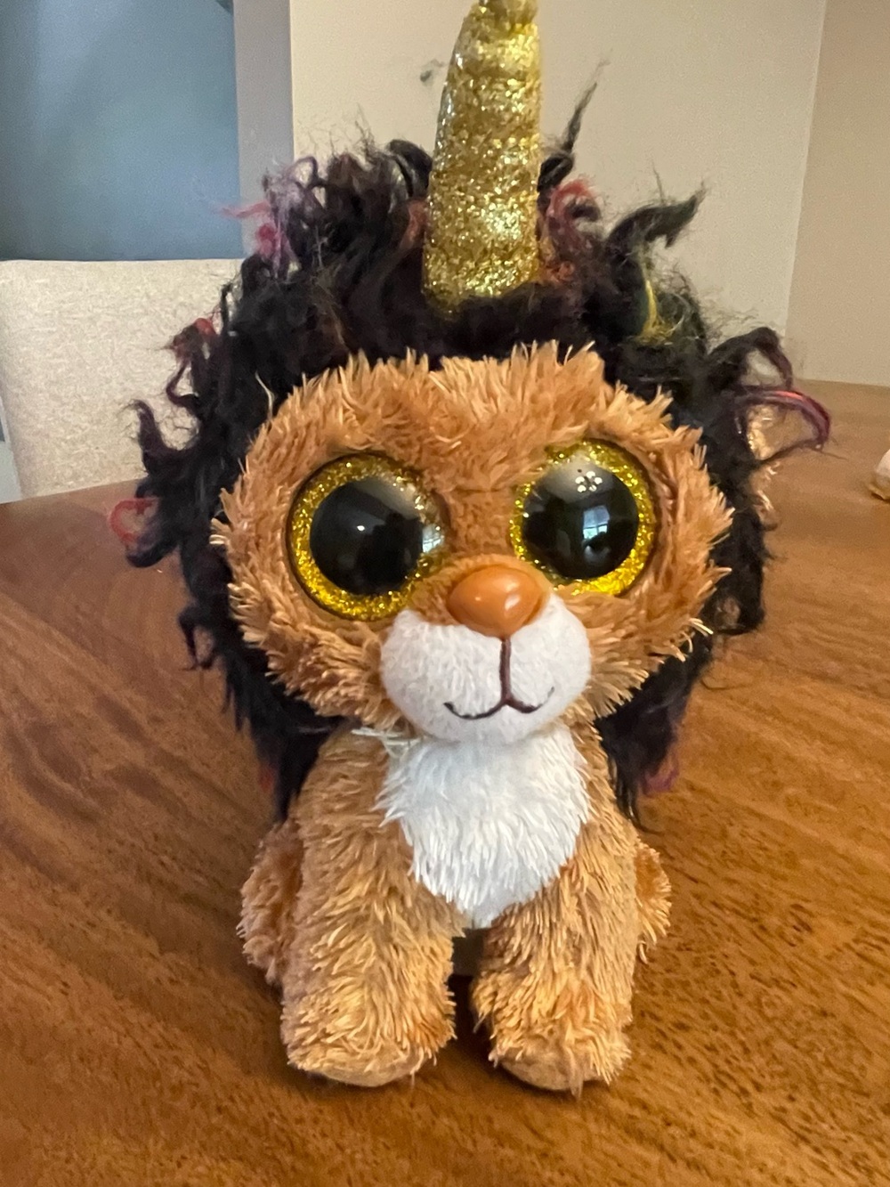 Ty Gold-Horned Brown Lion Plush with Black Mane and Sparkly Eyes